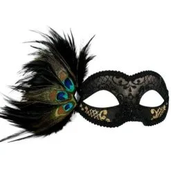 Tom Foolery ADRIANNA Black And Gold Peacock Feather Eye Mask