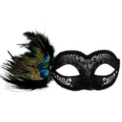 Tom Foolery ADRIANNA Peacock Feather Eye Mask - Black And Silver