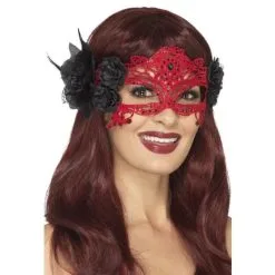 Embroidered Lace Filigree Devil Eyemask Red And Black