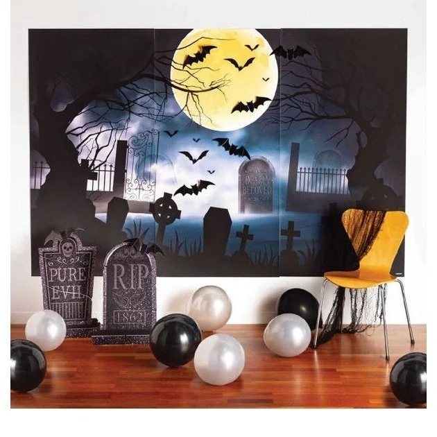 AMSCAN Graveyard Backdrop Deluxe Scene Setters Kit 3 AMSCAN Graveyard Backdrop Deluxe Scene Setters Kit