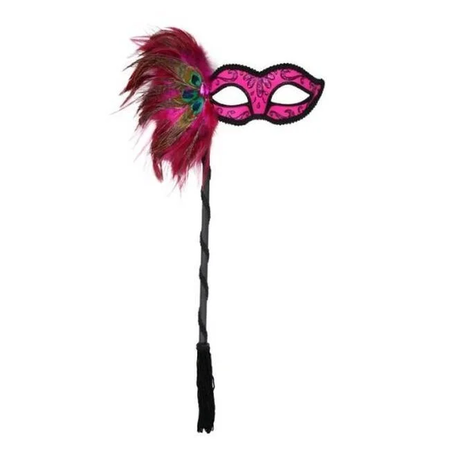 Tom Foolery Simona Hot Pink Eye Mask With Peacock Feathers On Stick 3 Tom Foolery Simona Hot Pink Eye Mask With Peacock Feathers On Stick