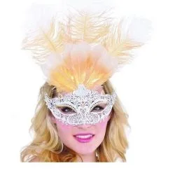 Balloon Agencies White & Gold Filigree Eye Mask With Feathers